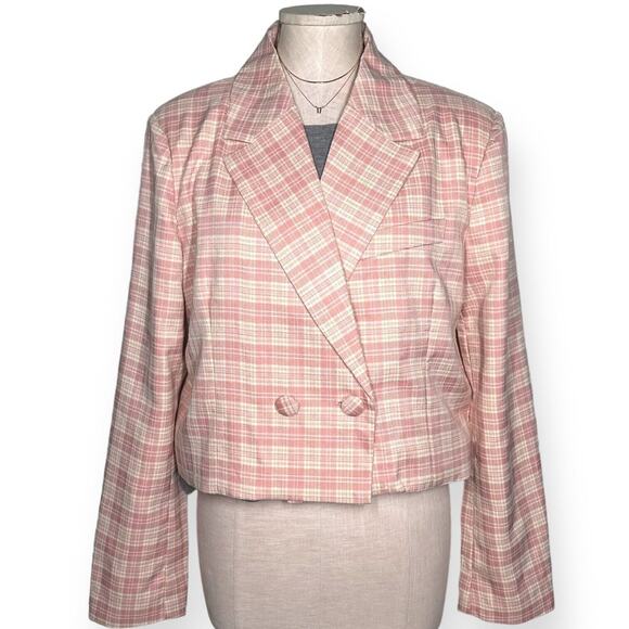 7 FOR ALL MANKIND Mauve Cropped Double Breasted Blazer Plaid Wide Notch Large - Picture 2 of 11